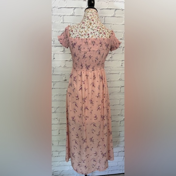 Vanilla Bay Pink Floral Print Smocked Top Chiffon Dress-Large - Picture 4 of 7